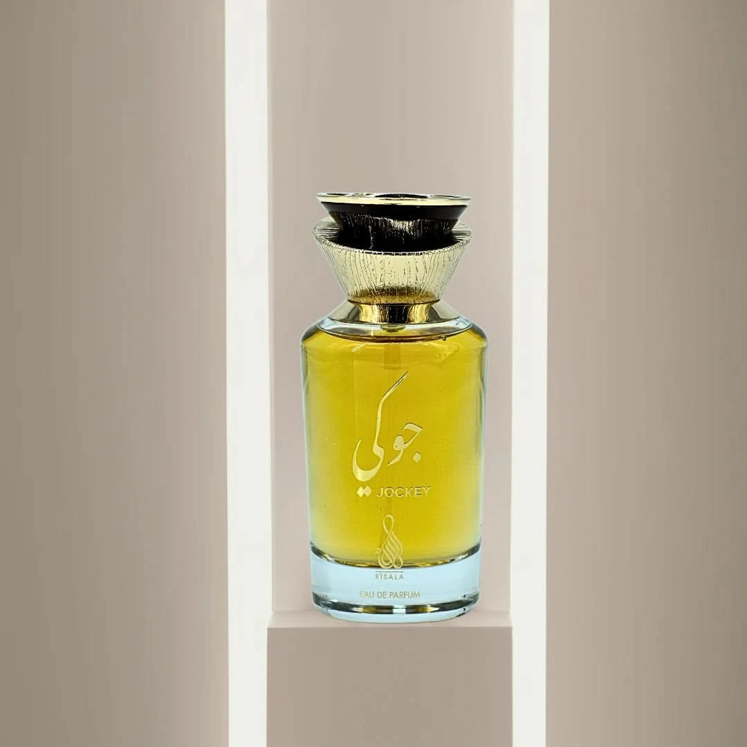 RISALA Jockey EDP Eau De Parfum 100ML bottle with velvet pouch, showcasing elegant packaging and fragrance details.