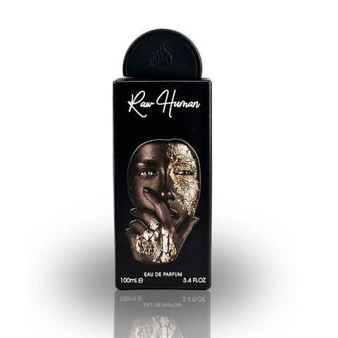 Raw Human Eau De Parfum 100ml by Lattafa Pride with velvet pouch, showcasing the perfume bottle and elegant packaging.