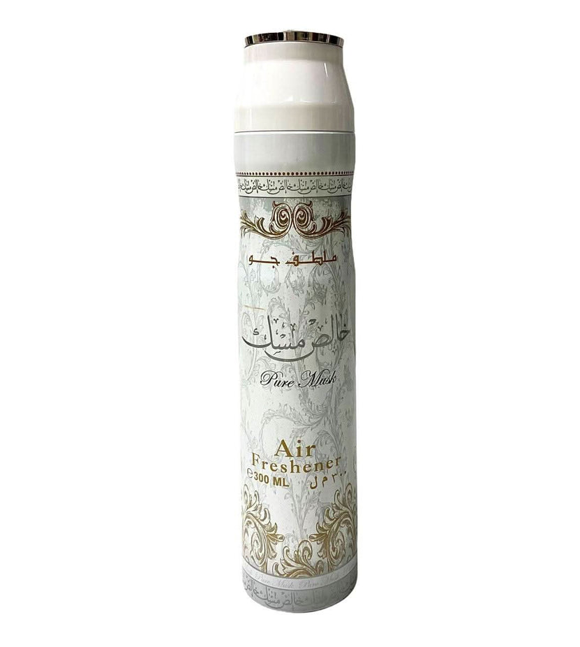 Pure Musk Air Freshener by Lattafa in 300ML bottle, showcasing elegant packaging and fresh scent for home or car.