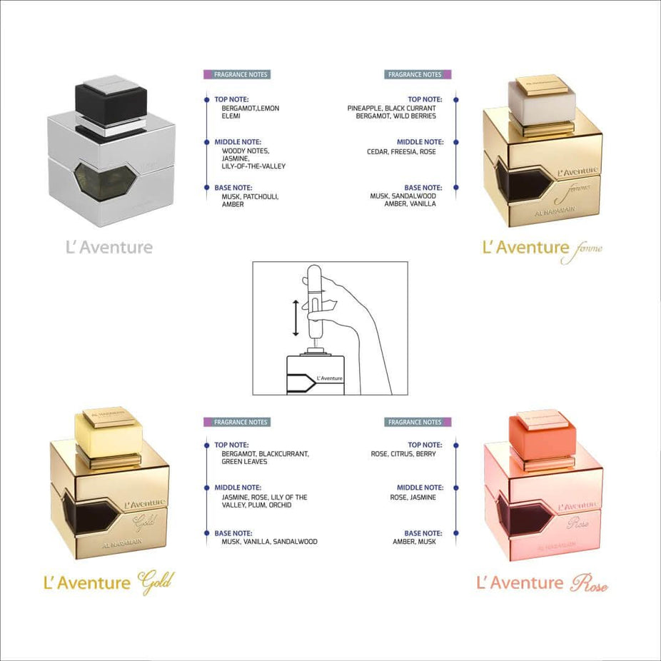 Al Haramain L'aventure Collection 100ml Eau De Parfum gift set with elegant bottles and packaging.