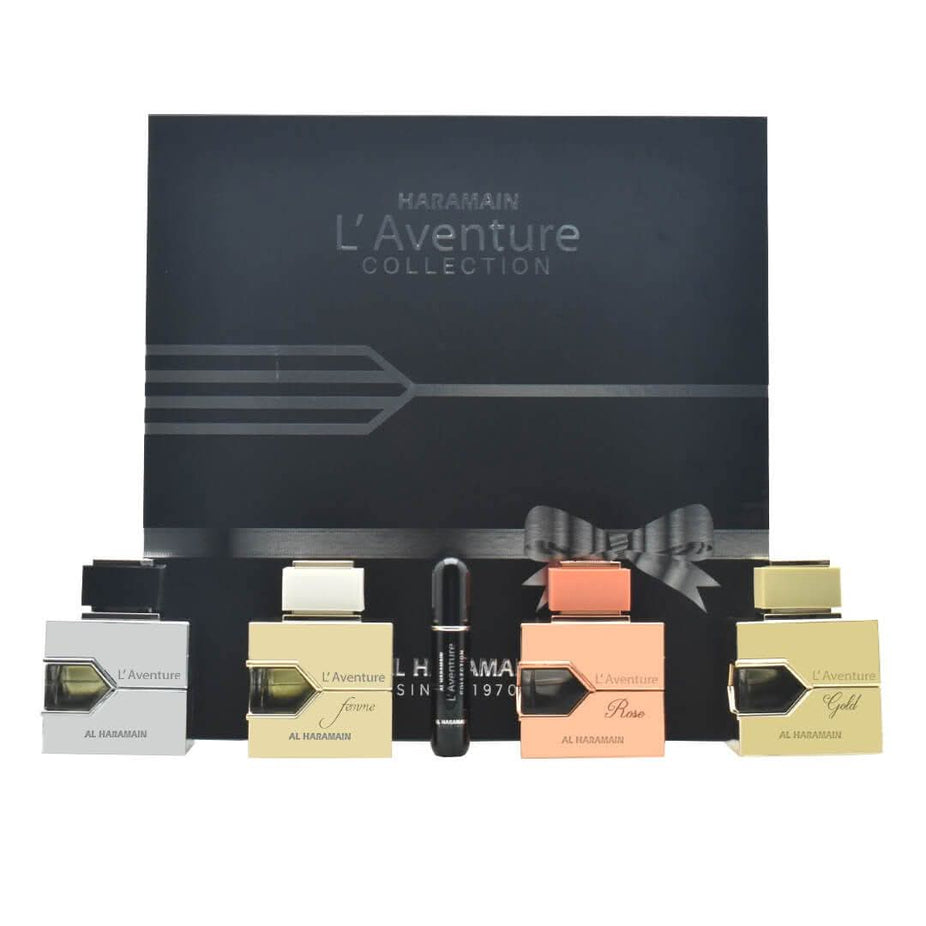 Al Haramain L'aventure Collection gift set with 100ml Eau De Parfum bottles, featuring elegant packaging and fragrances.