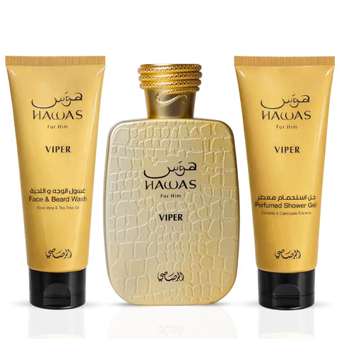 Rasasi Hawas Viper 3-piece perfume gift set with bottles and packaging, featuring sleek design and vibrant colors.