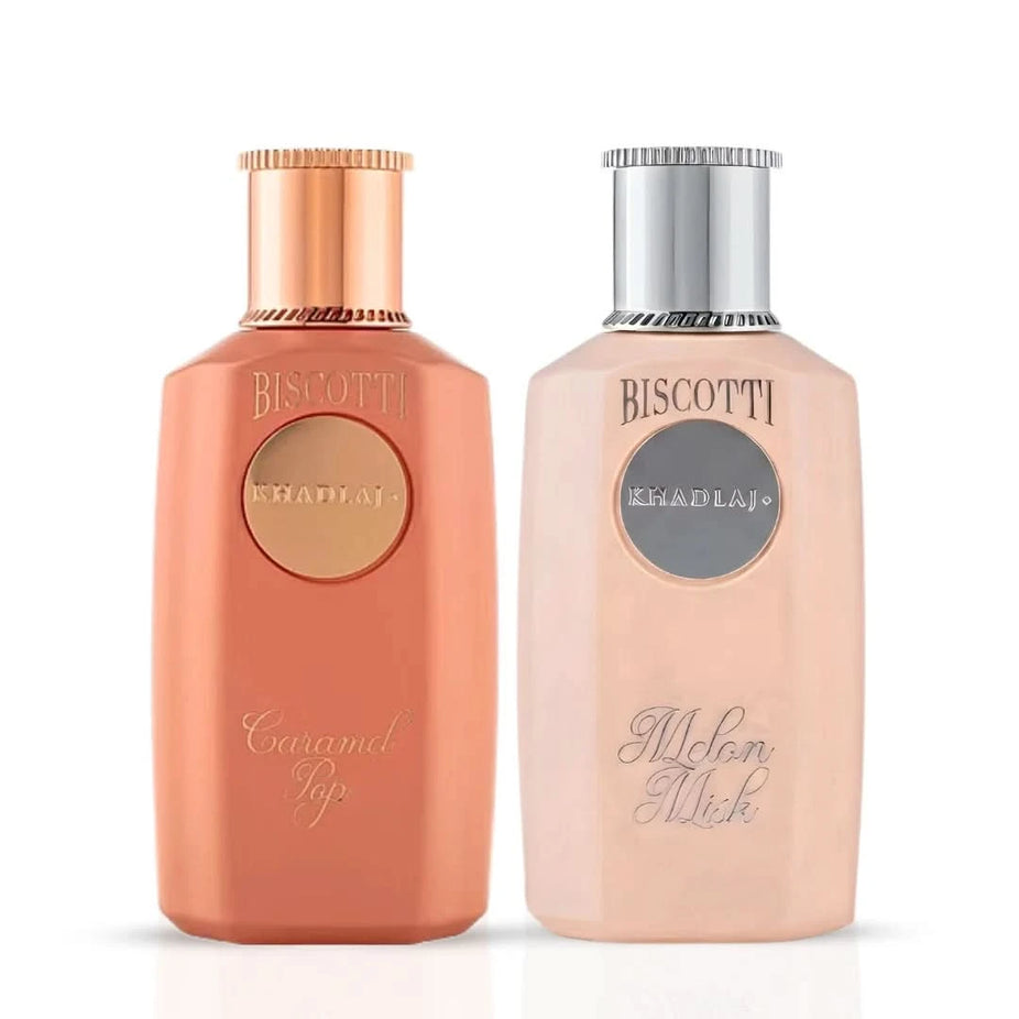 Khadlaj Biscotti Caramel & Biscotti Melon Misk Eau de Parfum bundle, 100ml spray bottles, featuring caramel and melon scent notes.