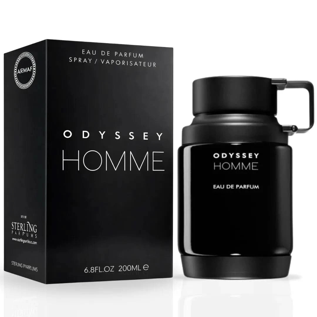 Odyssey Homme Black Eau de Parfum spray by Armaf, 200ml bottle, sleek black design with a modern masculine appearance.