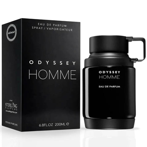 Odyssey Homme Black Eau de Parfum spray by Armaf, 200ml bottle, sleek black design with a modern masculine appearance.