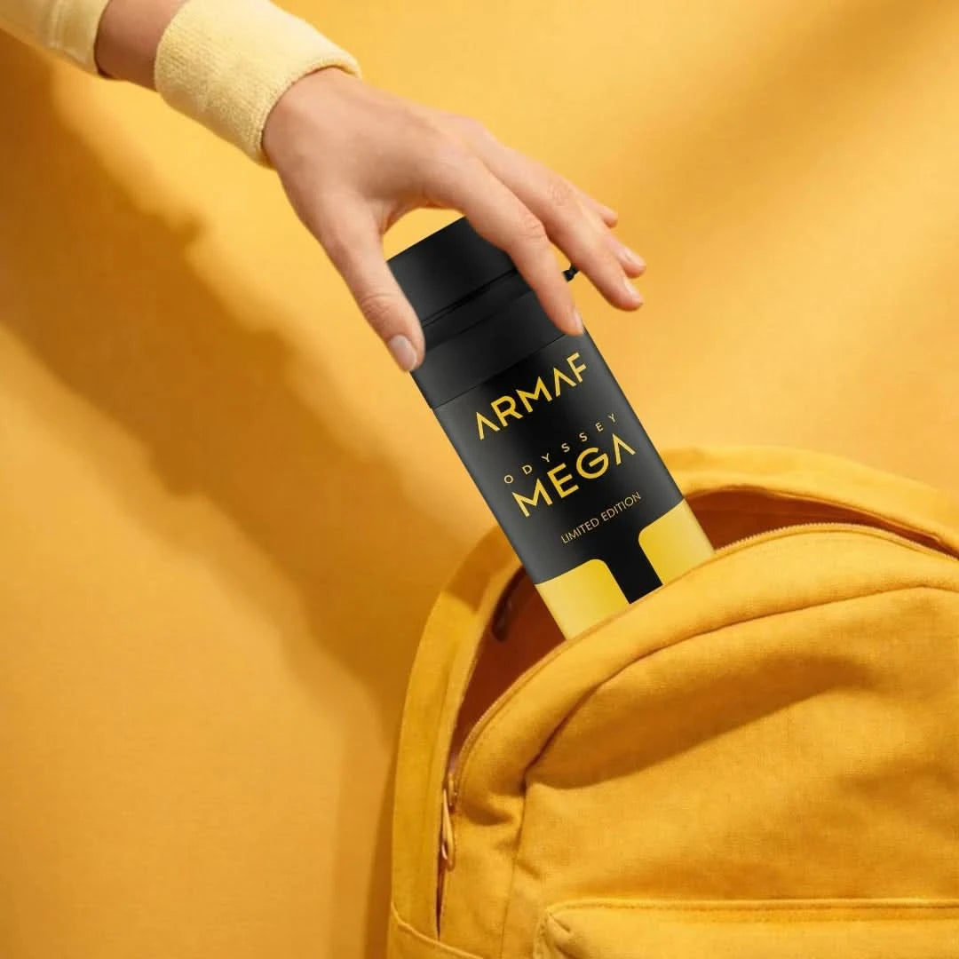 Odyssey Mega Man deodorant spray by Armaf, 200ml, featuring a sleek bottle with fresh, masculine fragrance.