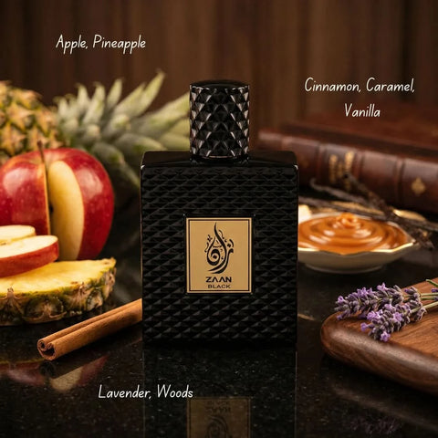 Aura Fragrances Zaan Black Eau De Parfum spray 100ml in a sleek black bottle with a modern design.