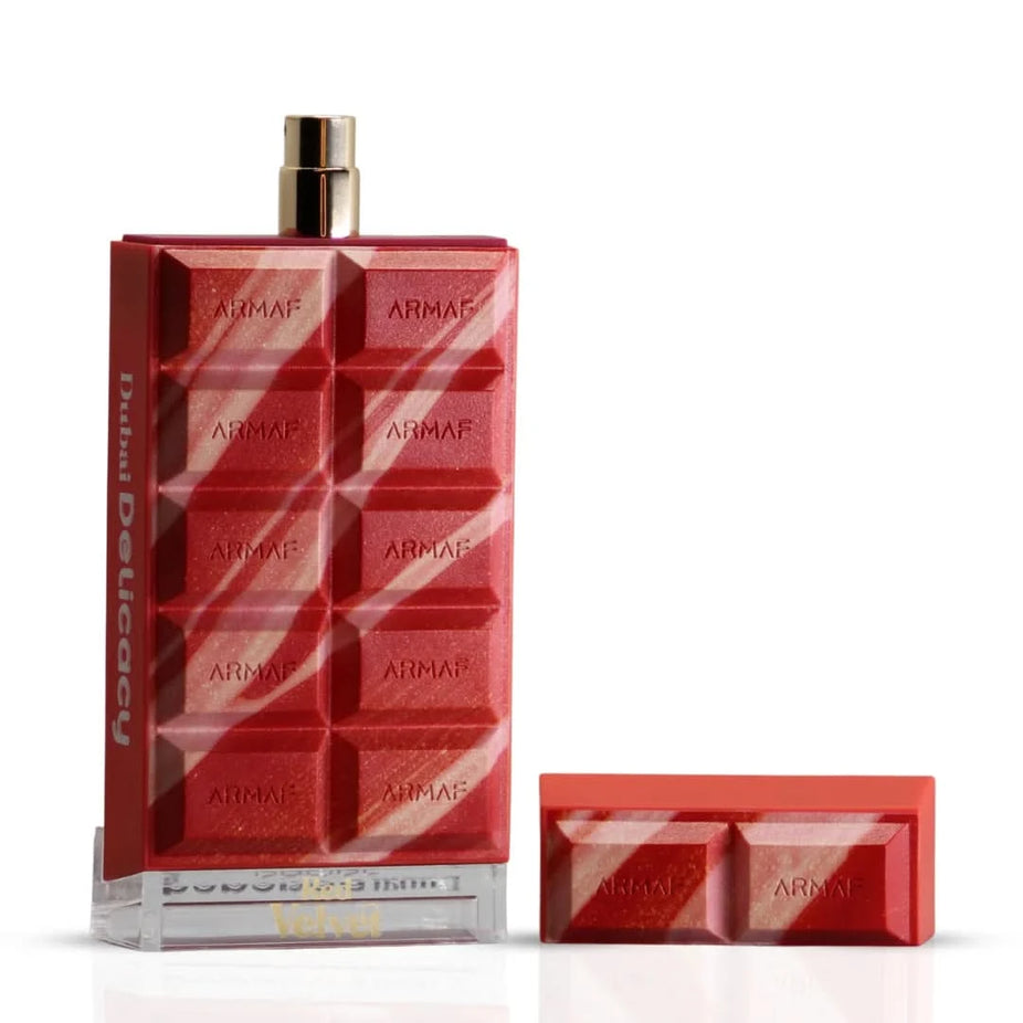Dubai Delicacy Red Velvet Eau de Parfum Spray by Armaf, 70ml, featuring a luxurious red velvet-inspired fragrance bottle.