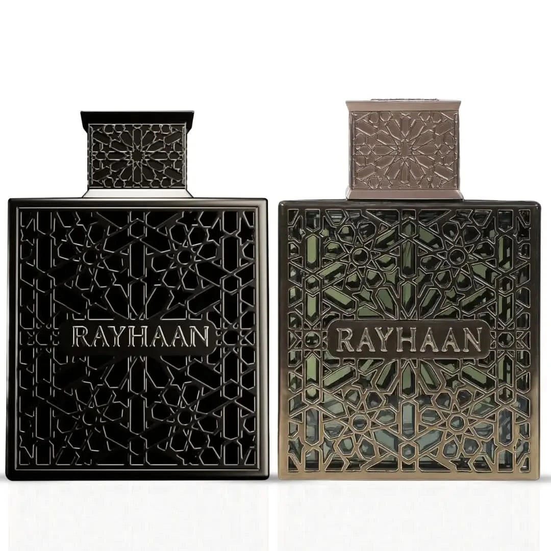 Rayhaan Obsidian and Rayhaan Terra Eau de Parfum spray bundle, 100ml each, showcasing elegant bottles with floral and woody designs.