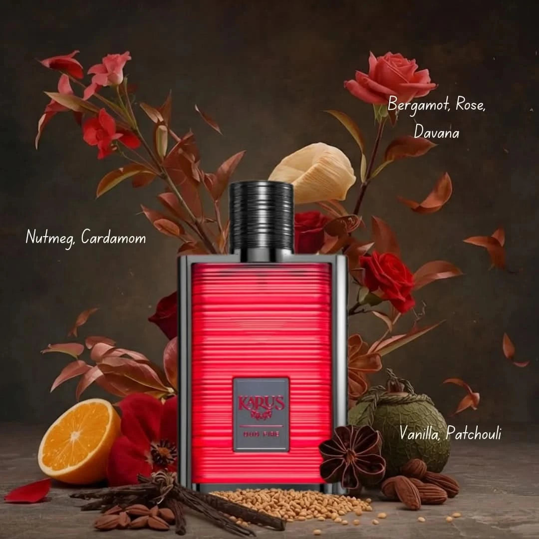 Khadlaj Karus Blu Spice, Secret Musk & Oud Fire Eau de Parfum bundle, 100ml each, featuring elegant fragrance bottles.