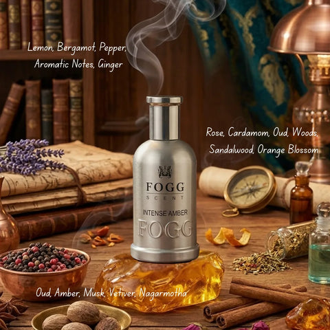 Fogg Intense Oriental Eau de Parfum spray for men featuring aromatic oud, wood, and amber notes in a 100ml bottle.