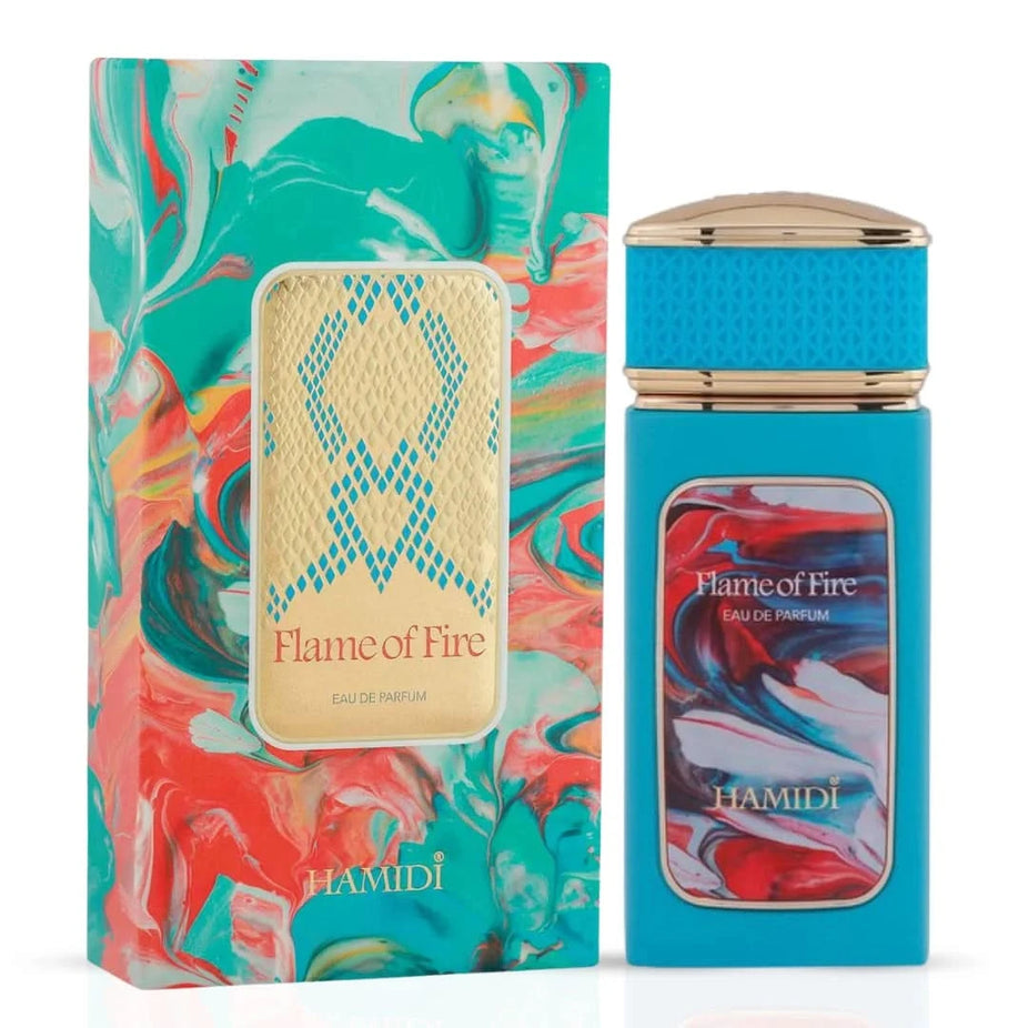 Flame Of Fire Eau De Parfum Spray by Hamidi, 100ml bottle with fiery red and gold packaging, elegant and luxurious design.
