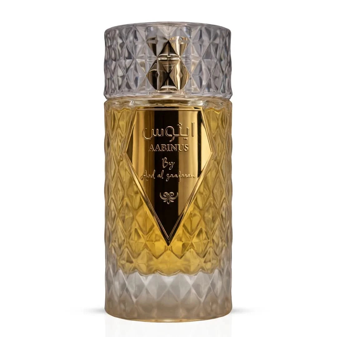 Aabinus Eau de Parfum Spray by Ard Al Zaafaran in a 100ml bottle, showcased with its velvet pouch on a neutral background.
