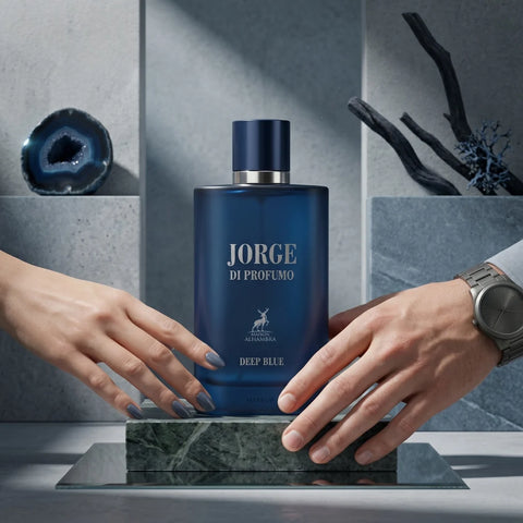 Maison Alhambra Jorge Di Profumo Deep Blue Eau de Parfum spray 100ml, showcasing the sleek fragrance bottle with deep blue accents.