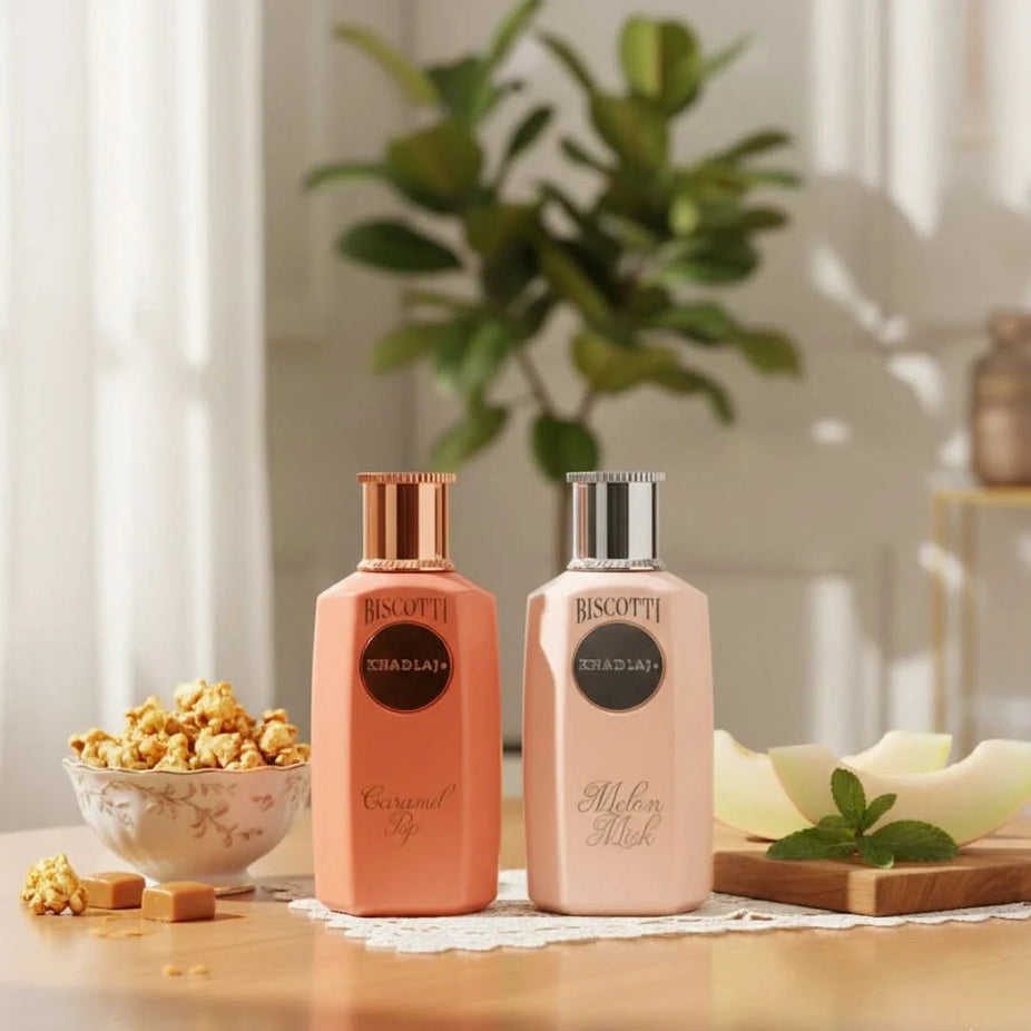Khadlaj Biscotti Caramel & Melon Misk Eau de Parfum bundle, featuring 100ml perfume spray bottles with caramel and melon scent notes.