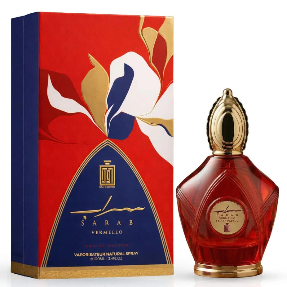 Aura by Aura Sarab Vermello and Sarab Azure Mist Eau De Parfum bundle, 100ml each, with elegant perfume bottles.