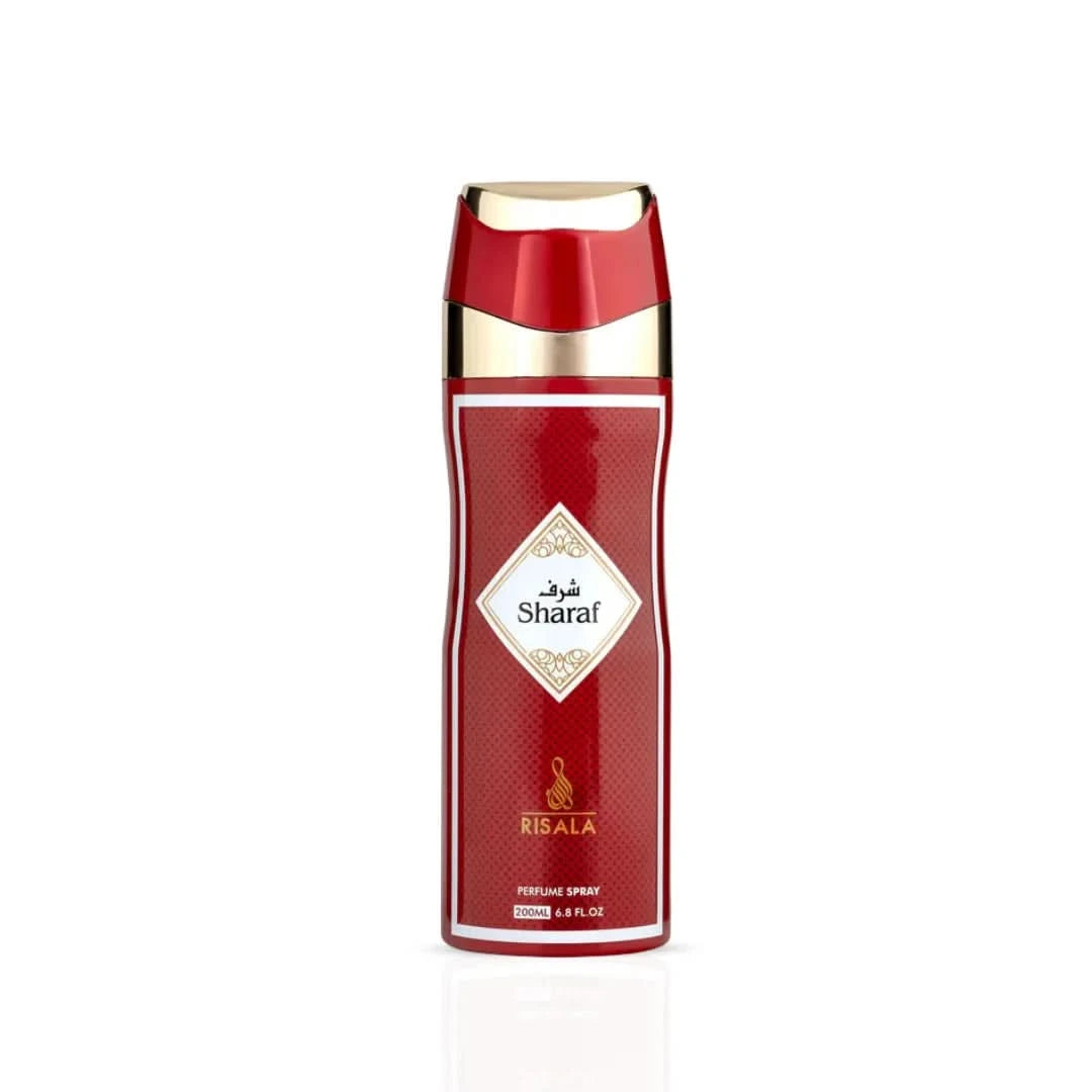 RISALA Sharaf perfumed body spray 200ml deodorant bottle with sleek design, featuring a modern, elegant look.