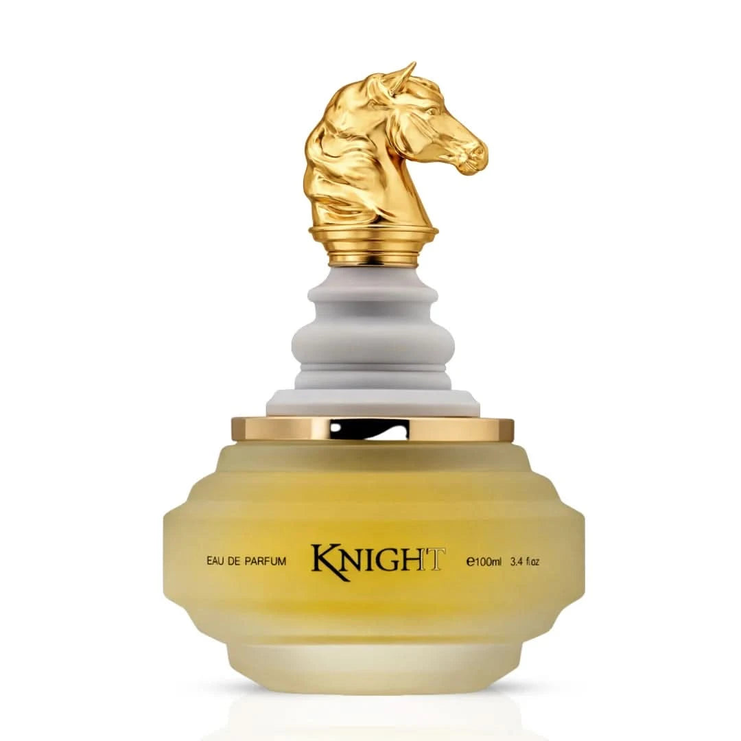 Armaf Checkmate White Knight Eau De Parfum spray 100ml in velvet pouch, featuring a sleek bottle design and elegant packaging.
