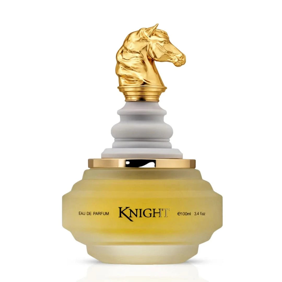 Armaf Checkmate White Knight Eau De Parfum spray in a velvet pouch, 100ml bottle with elegant packaging and branding.
