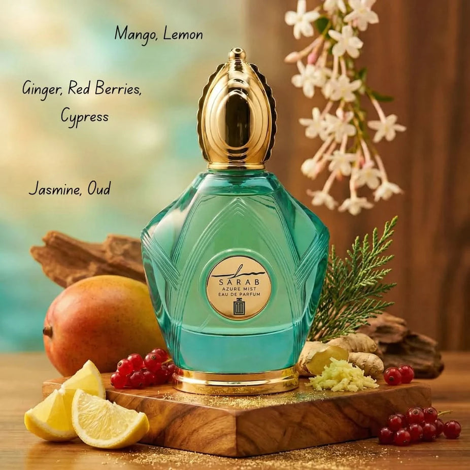 Aura by Aura Sarab Vermello and Azure Mist Eau De Parfum Spray bundle, 100ml each, featuring elegant glass bottles with floral and citrus accents.