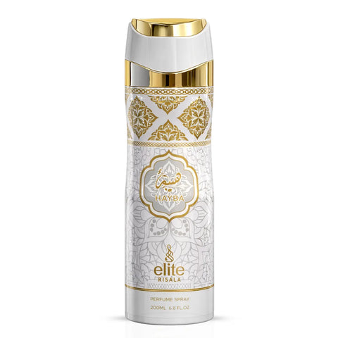 Elite Risala Hayba Body Spray 200ml deodorant bottle with sleek design and spray nozzle, showcasing the product's packaging.