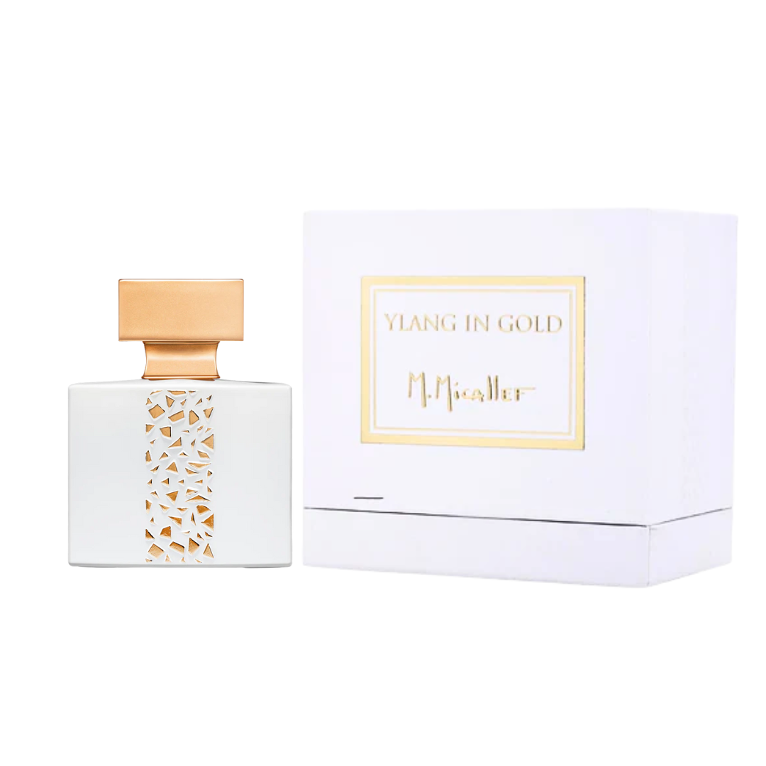 Ylang in Gold Eau de Parfum spray by M. Micallef, 100ml bottle featuring a luxurious gold design and floral fragrance.