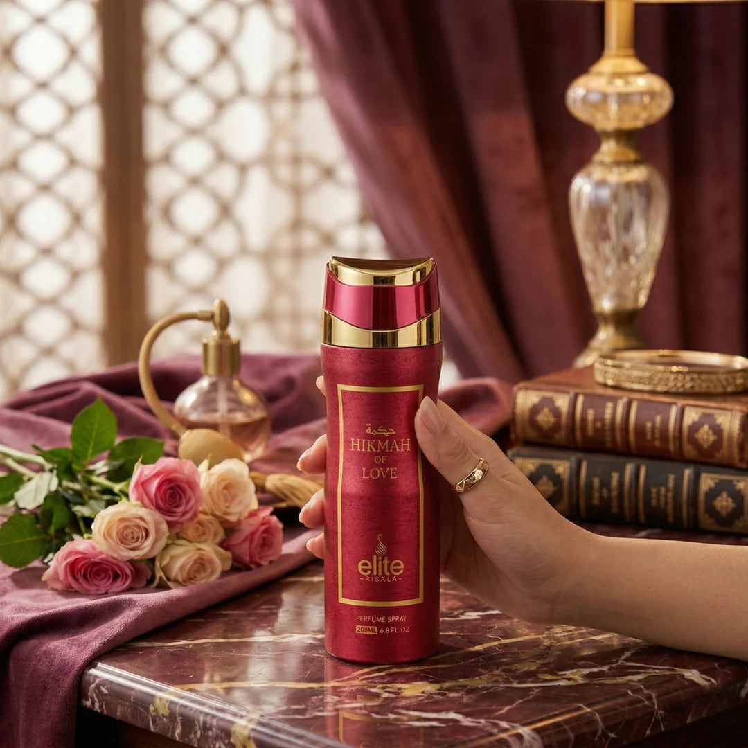 Elite Risala Hikmah of Love Body Spray 200ml deodorant with floral and fruity scent in a sleek spray bottle.