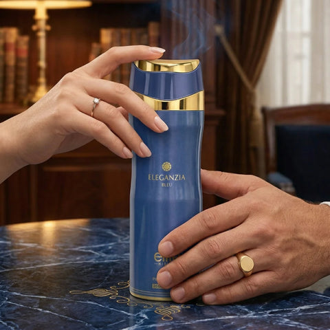 Eleganzia Bleu body spray by RISALA, 200ml deodorant bottle with a sleek design and blue accents.