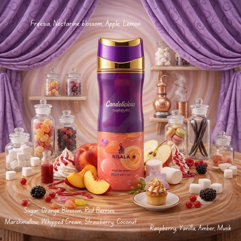 Risala Candelicious perfumed body spray 200ml deodorant bottle, featuring a sleek design with floral and citrus scent notes.