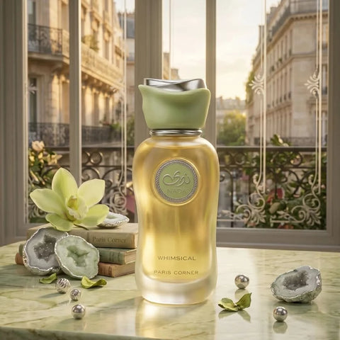 Nada Whimsical Eau De Parfum Spray by Paris Corner in a velvet pouch, 100ml (3.4 oz), elegant bottle with floral accents.