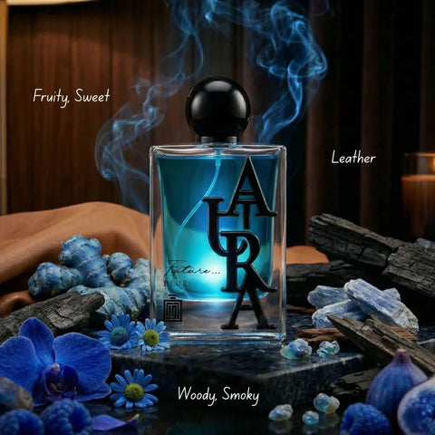 Aura Fragrances Future Blue Eau De Parfum Spray 100ml bottle, sleek design, showcasing the fragrance for men and women.