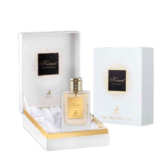 Maison Alhambra Kismet Eau de Parfum spray for women in 100ml bottle, elegant packaging with the perfume and brand label visible