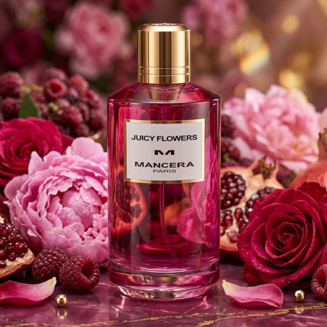 Mancera Juicy Flowers Eau de Parfum spray 120ml with vibrant floral bottle and elegant design.