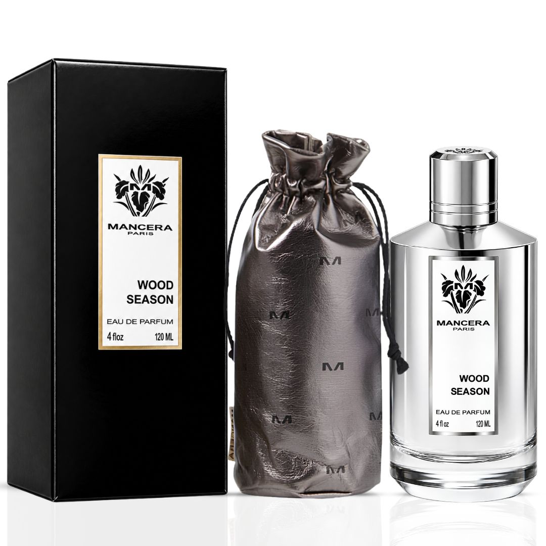 Mancera Wood Season Eau de Parfum spray bottle, 100ml, with elegant packaging and fragrance details visible.