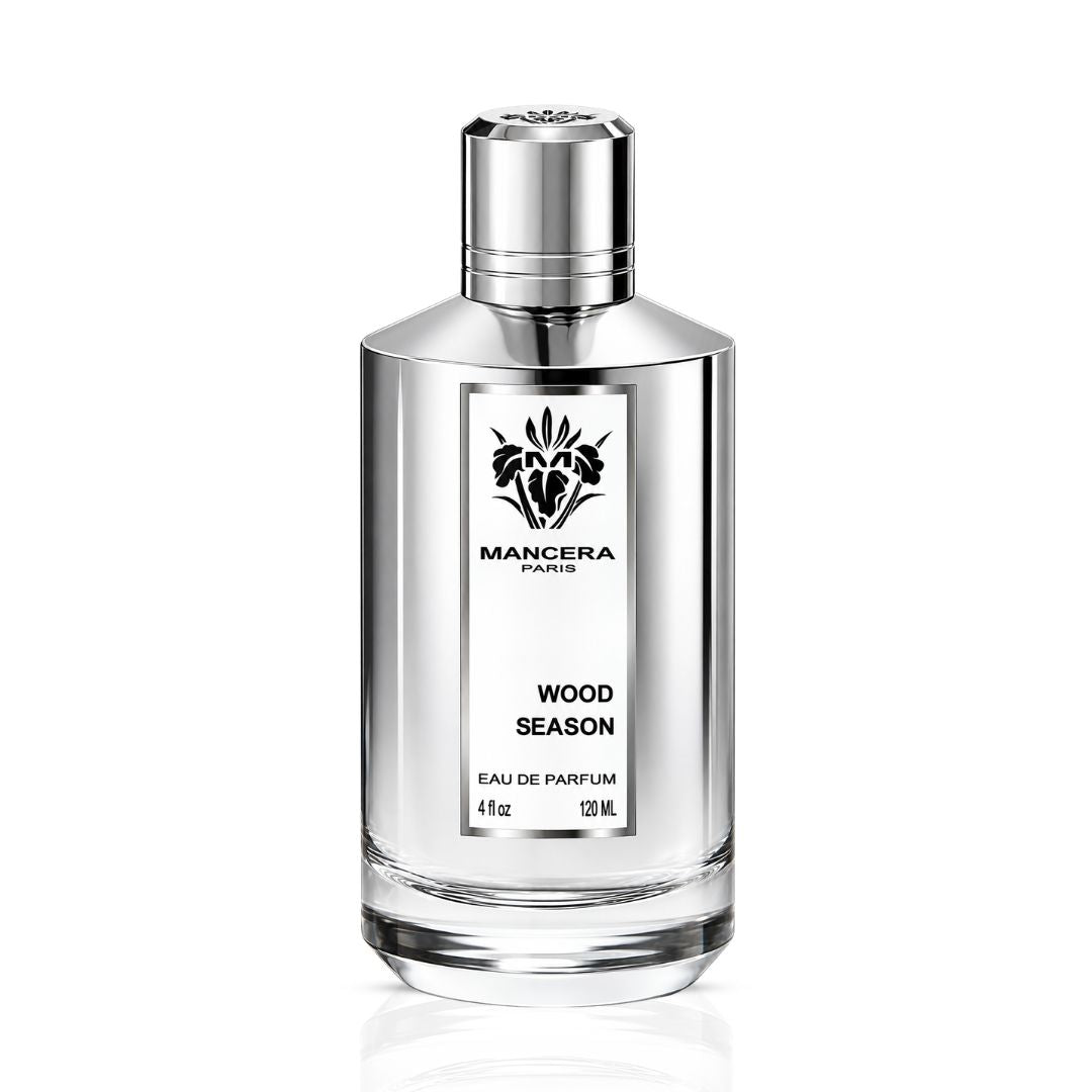 Mancera Wood Season Eau de Parfum spray 100ml bottle, featuring a sleek glass design with a black cap and elegant labeling.