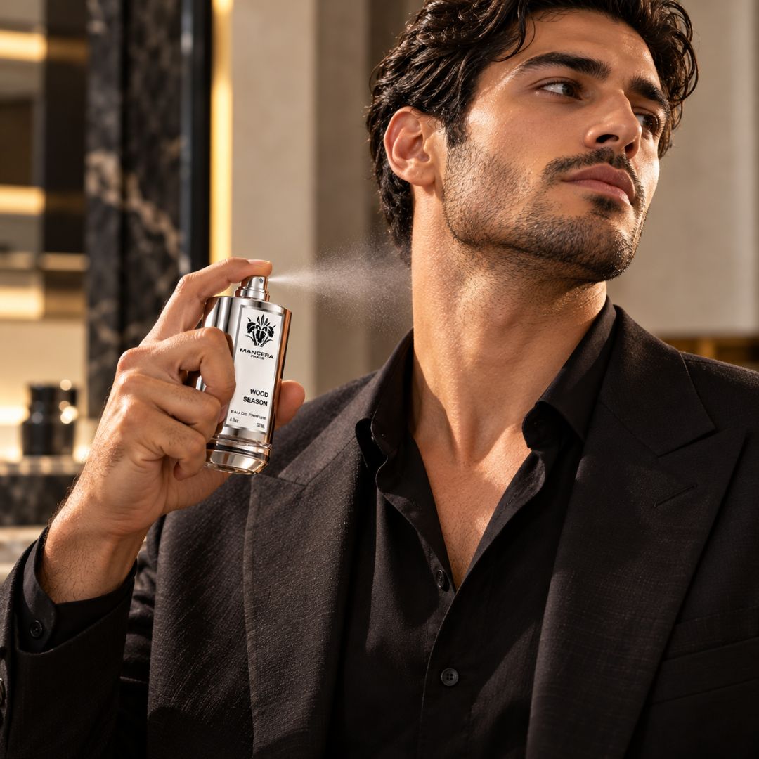 Mancera Wood Season Eau de Parfum spray bottle, 100ml, featuring a sleek design and amber-colored fragrance liquid.