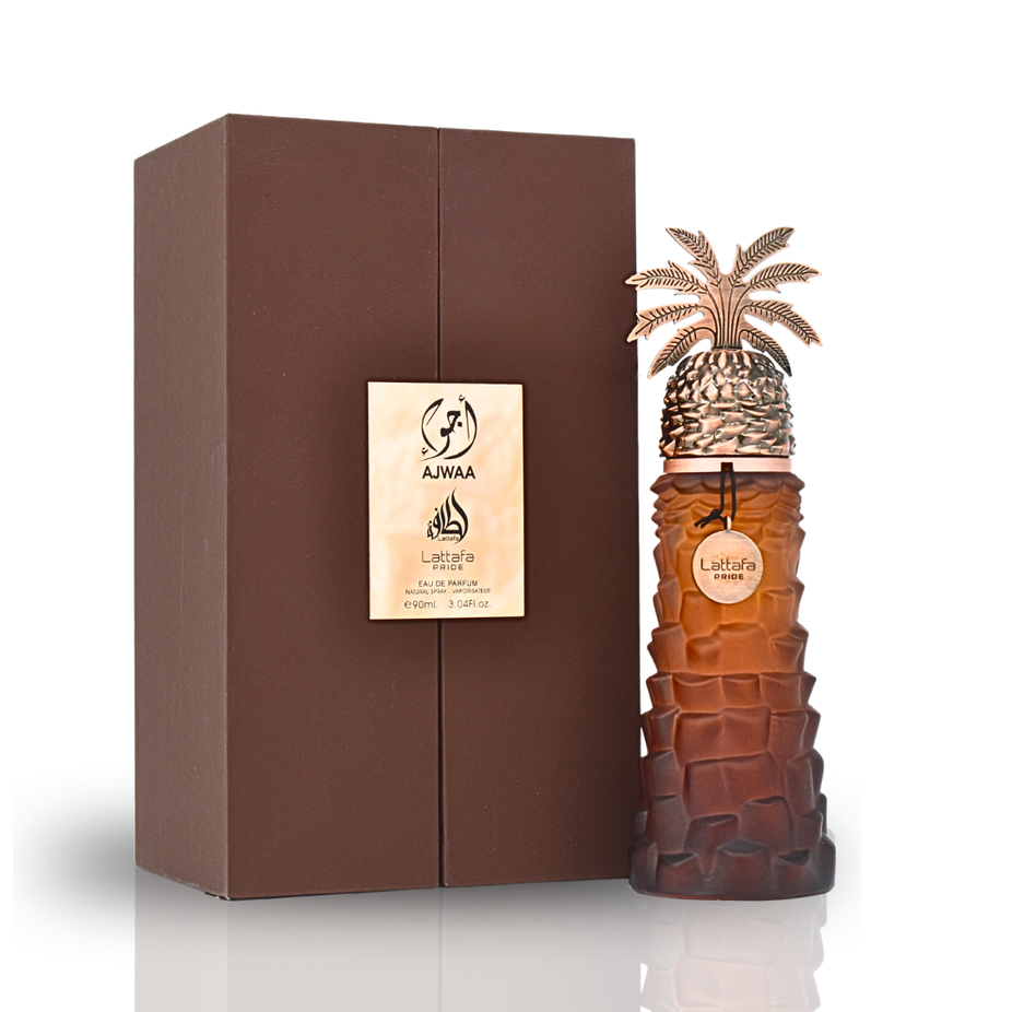 Ajwaa EDP by Lattafa Pride in 90ml bottle, showcasing elegant perfume packaging and product branding.
