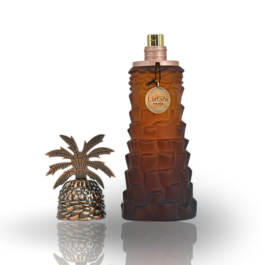 Ajwaa EDP by Lattafa Pride, 90ml glass bottle with elegant packaging, showcasing the Eau De Parfum fragrance for men and women.