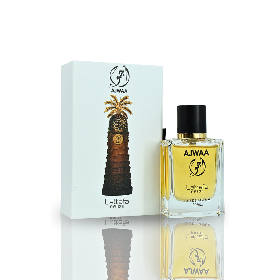 Sample image of Ajwaa EDP 20ml by Lattafa Pride, featuring a small fragrance bottle with elegant packaging.