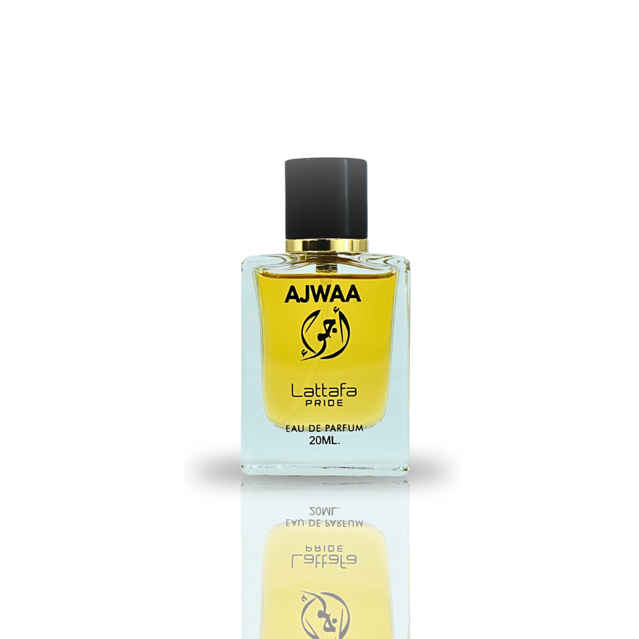 Sample of Ajwaa EDP by Lattafa Pride in 20ml bottle, showcasing the elegant packaging and branding.