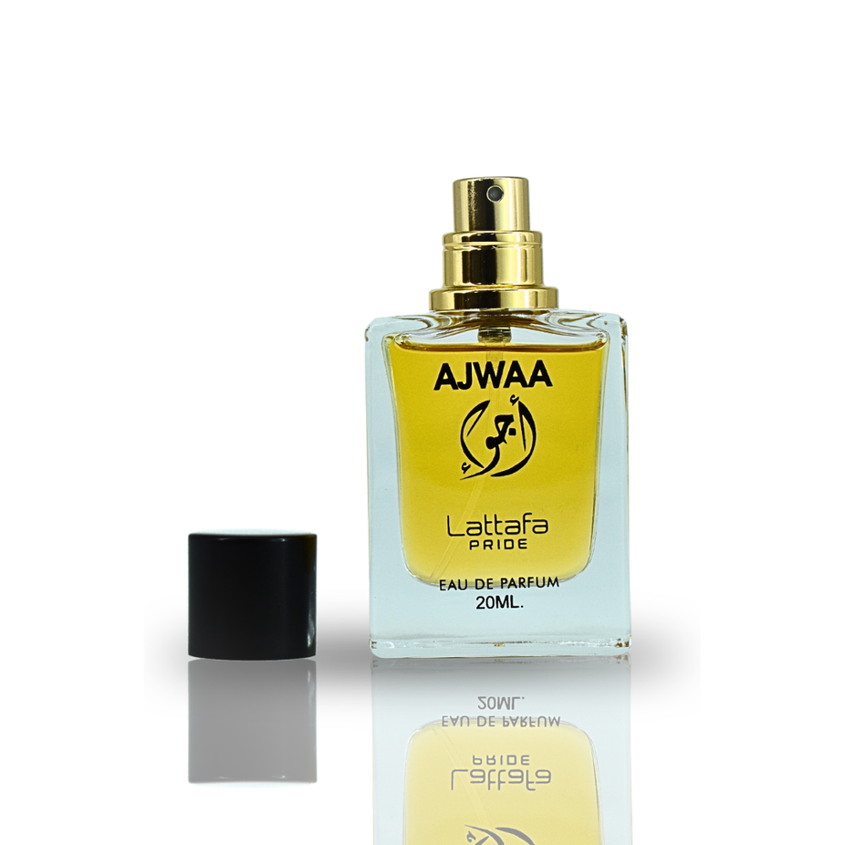 Sample of Ajwaa EDP fragrance by Lattafa Pride in a 20ml bottle, featuring elegant packaging and a floral, woody scent.