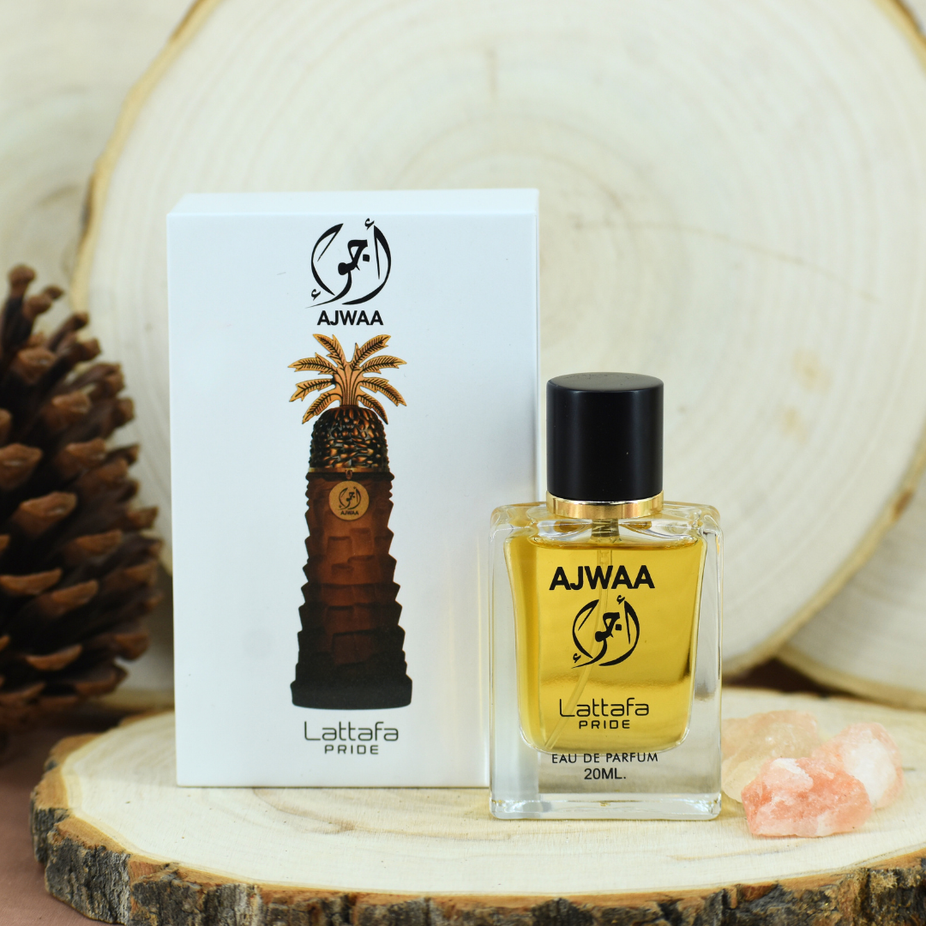 Sample of Ajwaa EDP 20ml by Lattafa Pride, featuring a sleek bottle with elegant design, ideal for fragrance testing.