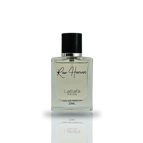 Raw Human EDP by Lattafa Pride 20ml Eau De Parfum bottle with velvet pouch, showcasing elegant fragrance packaging.