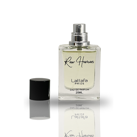Lattafa Pride Raw Human EDP 20ml perfume bottle with velvet pouch, showcasing elegant packaging and sleek design.