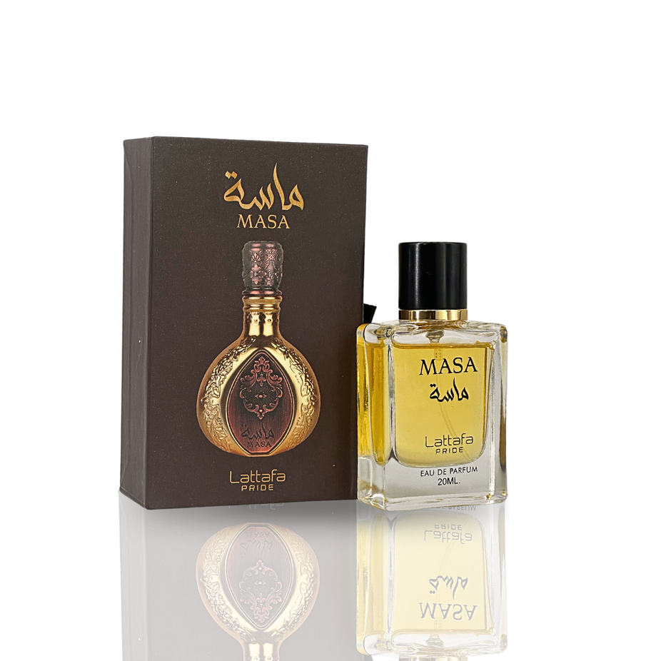 Sample bottle of Masa EDP by Lattafa Pride, 20ml perfume with elegant packaging, showcasing the fragrance's luxurious design.