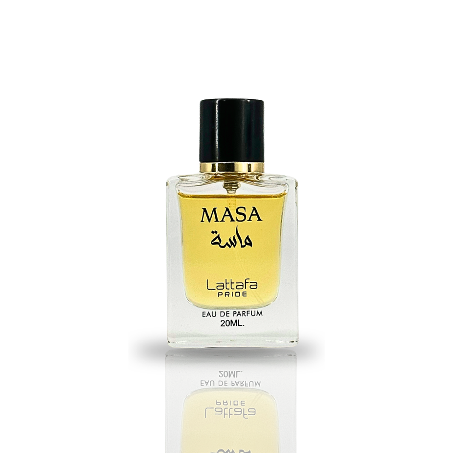 Sample image of Masa EDP 20ml by Lattafa Pride, showcasing the small perfume bottle with elegant packaging.