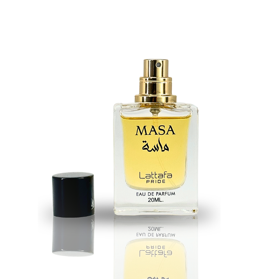 Sample of Masa EDP perfume by Lattafa Pride in a 20ml bottle, featuring elegant packaging and luxurious fragrance details.