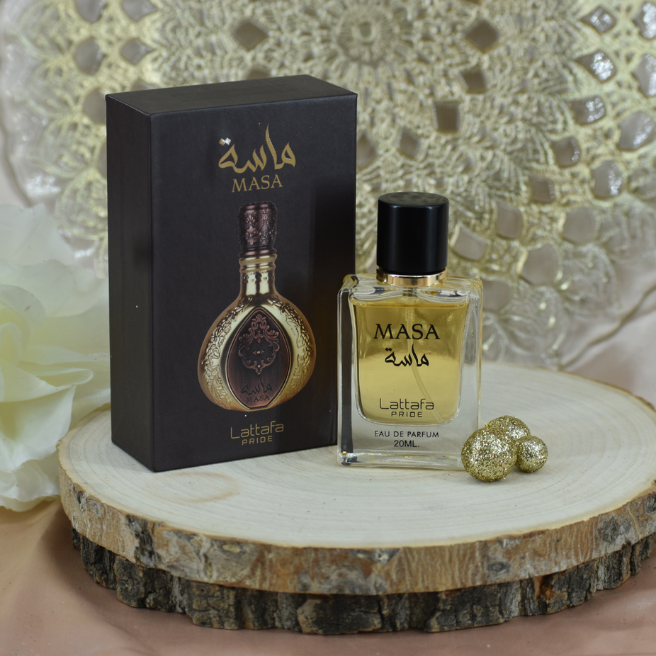 Sample of Masa EDP by Lattafa Pride in 20ml bottle, showing the elegant packaging and clear fragrance label.