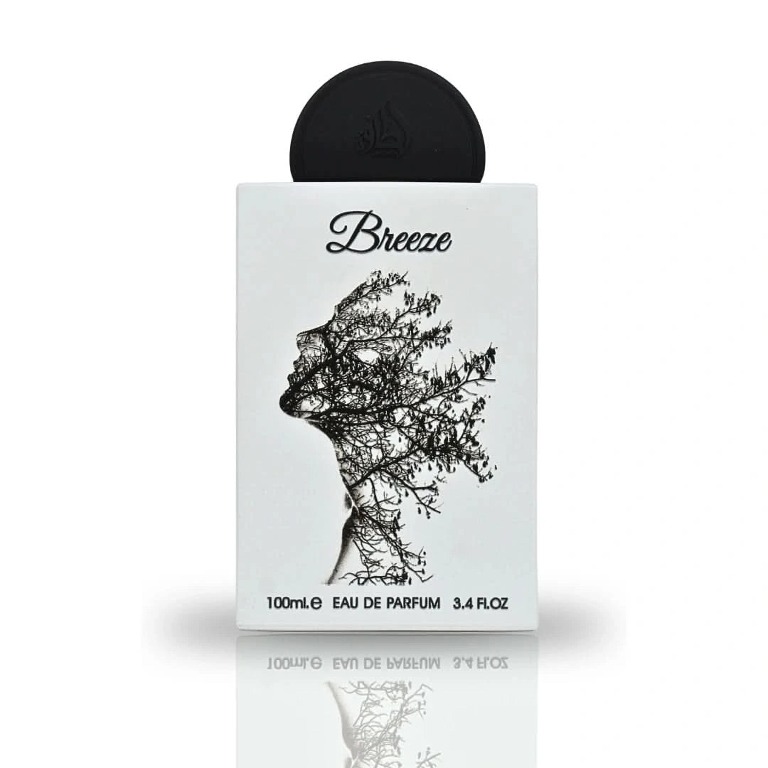 Lattafa Pride Breeze Eau De Parfum Spray 100ml in a velvet pouch, featuring elegant bottle design and fragrance details.