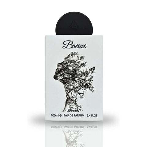 Lattafa Pride Breeze Eau De Parfum Spray 100ml in a velvet pouch, featuring elegant bottle design and fragrance details.